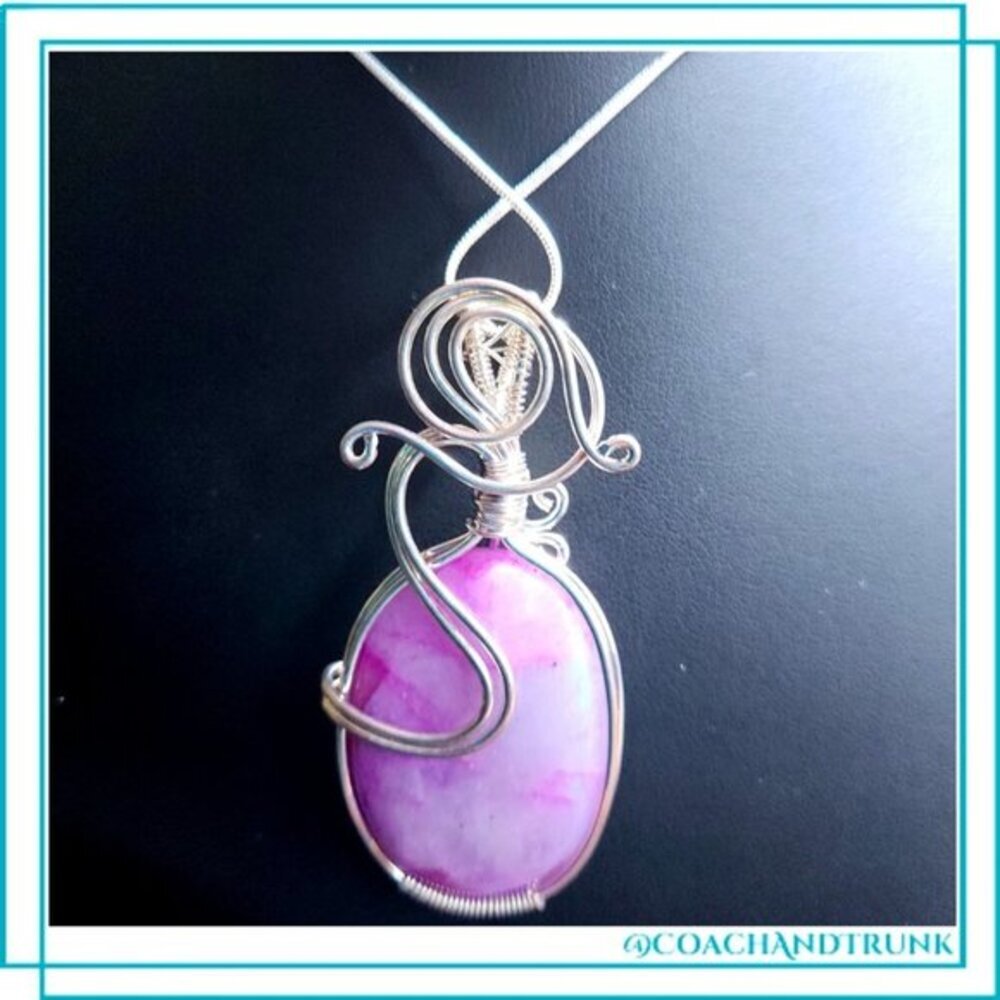 NATURAL RHODOCHROSITE Hand Wrapped Detailed Silver Metal Work & Sterling Chain